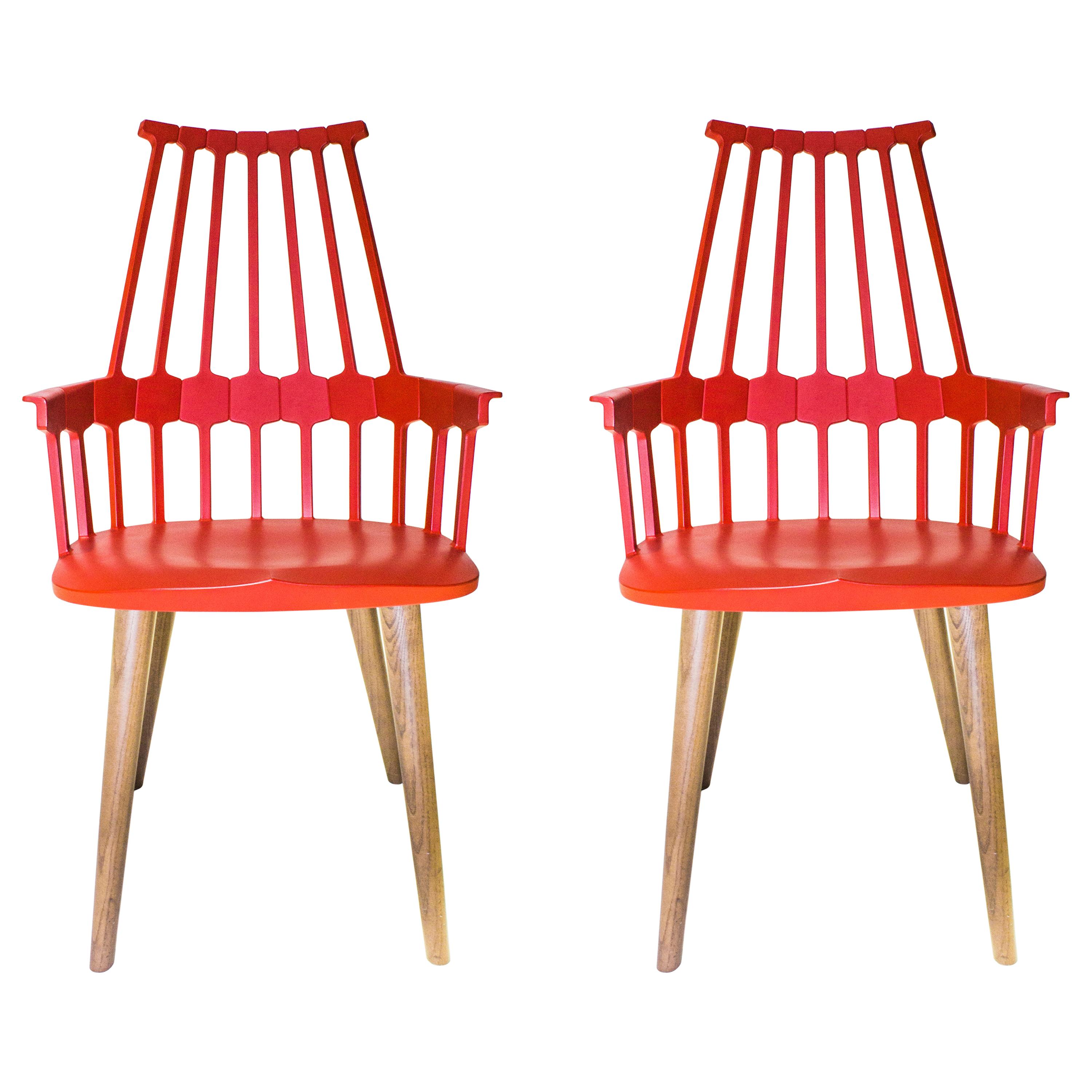 Set of 2 Kartell Comback Chairs in Orange Red with Oak Legs by Patricia Urquiola