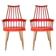 Set of 2 Kartell Comback Chairs in Orange Red with Oak Legs by Patricia Urquiola