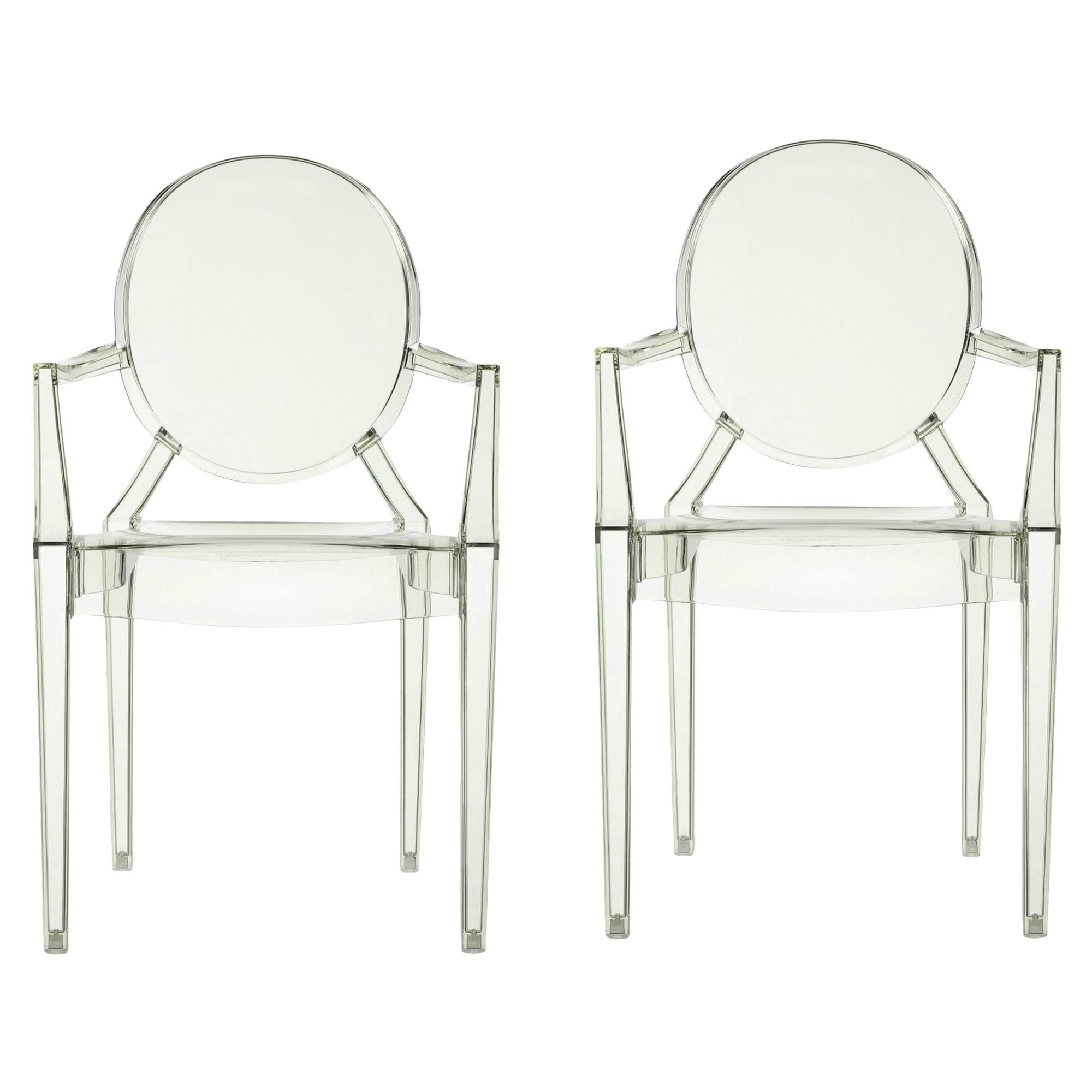 Set of 2 Kartell Louis Ghost Armchairs in Crystal Green by Philippe Starck