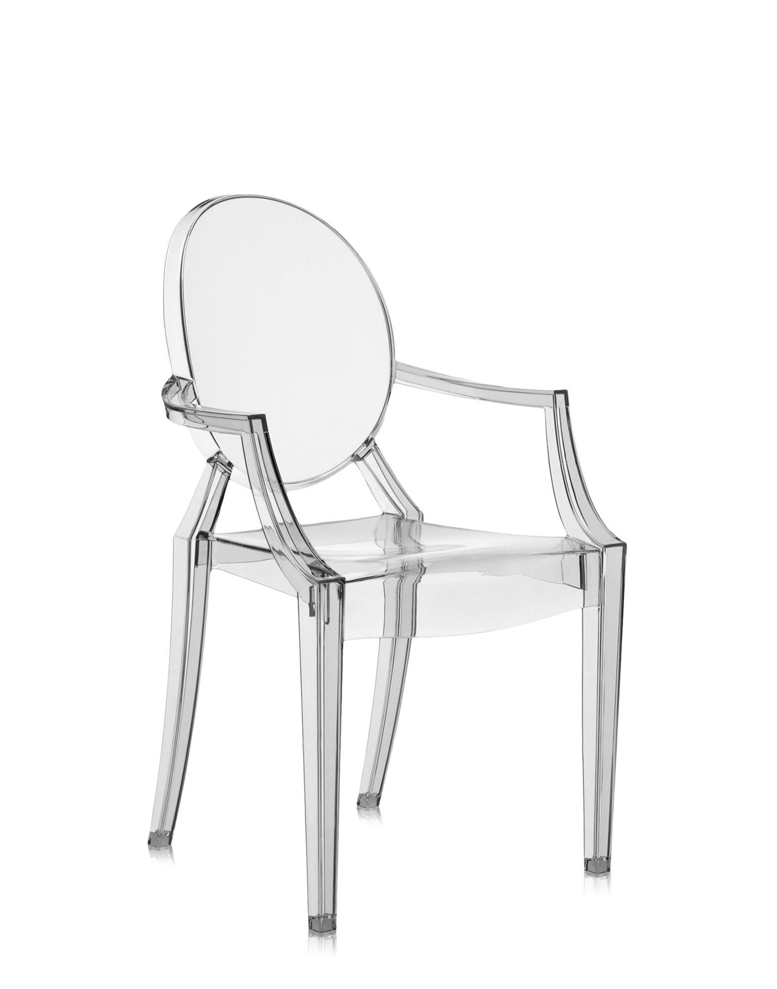 A comfortable armchair in transparent and colored polycarbonate in the Louis XV style, it is the quintessence of baroque revisited to dazzle, excite and captivate. Louis Ghost is the most daring example in the world of injected polycarbonate in a