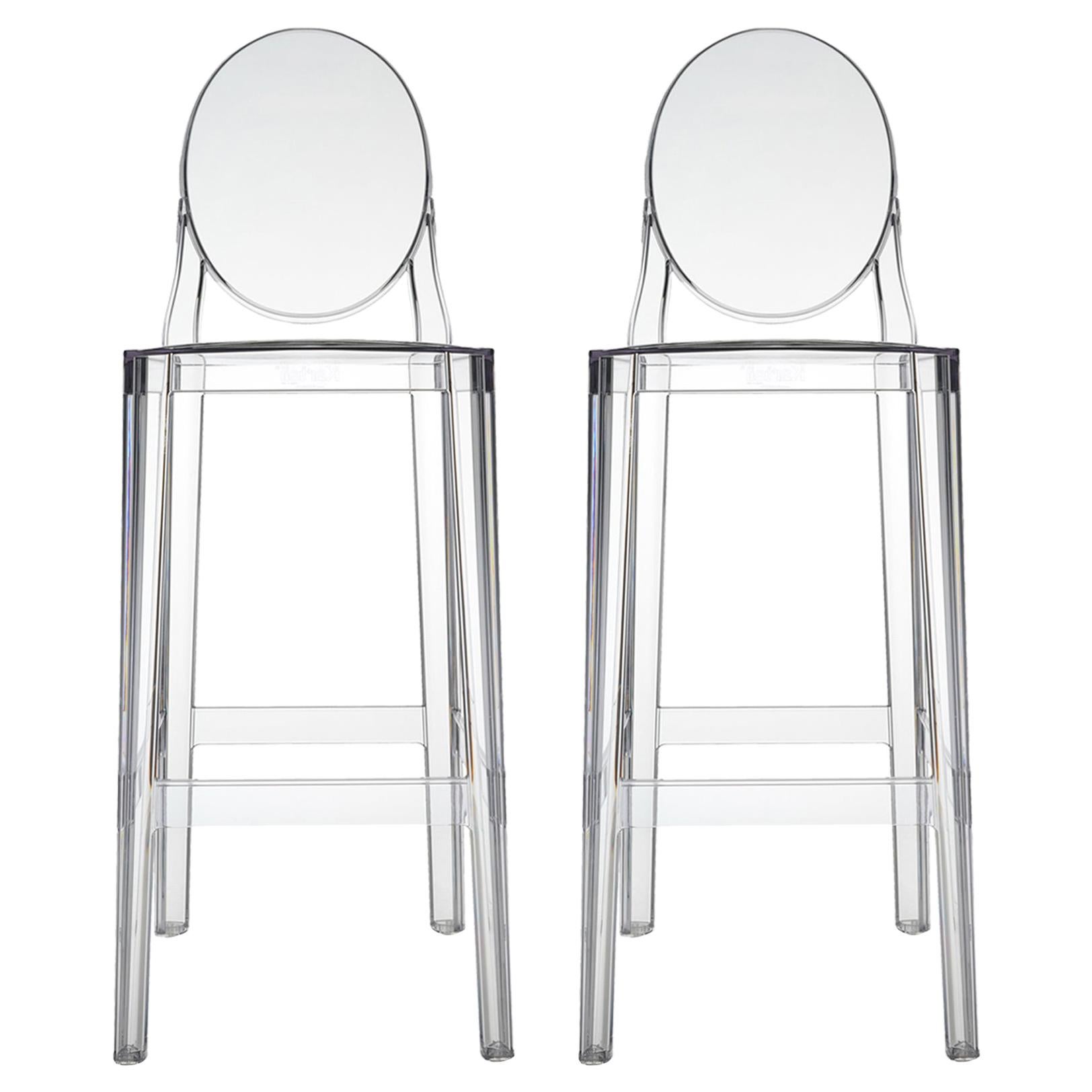 Set of 2 Kartell One More Square Bar Stools in Crystal by Philippe Starck