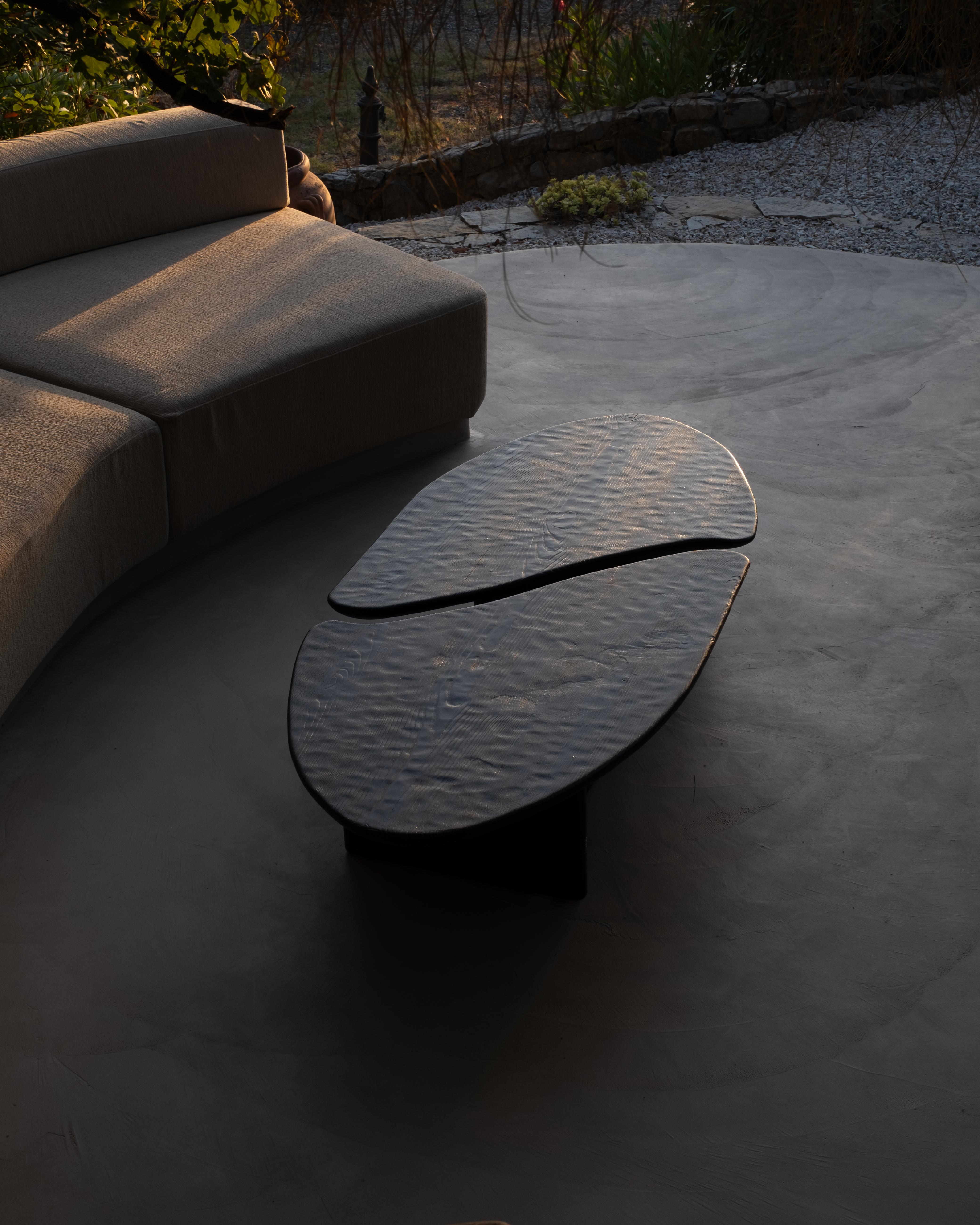 Contemporary Two Overlapping Leaves Dark Oak Coffee Tables by Dennis Kaiser For Sale 1