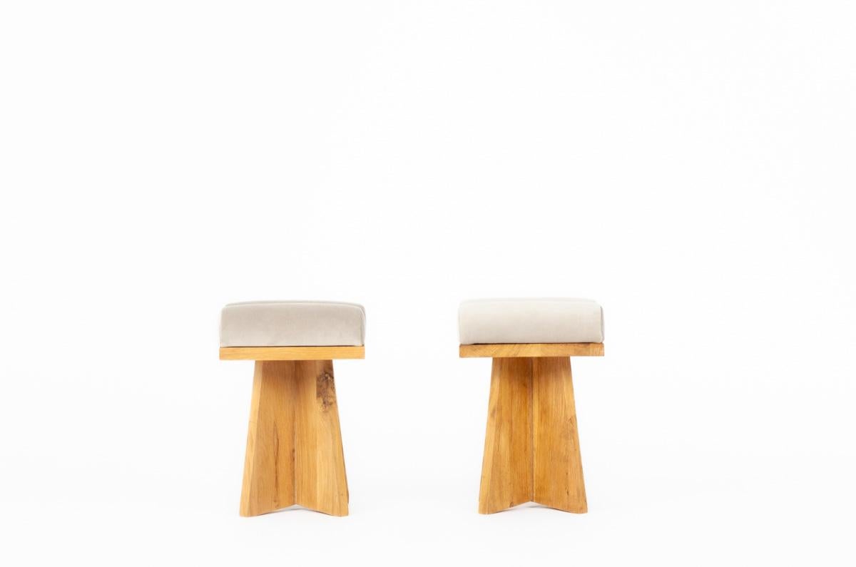 French Set of 2 Khi stools in oak with cushions G44 collection For Sale