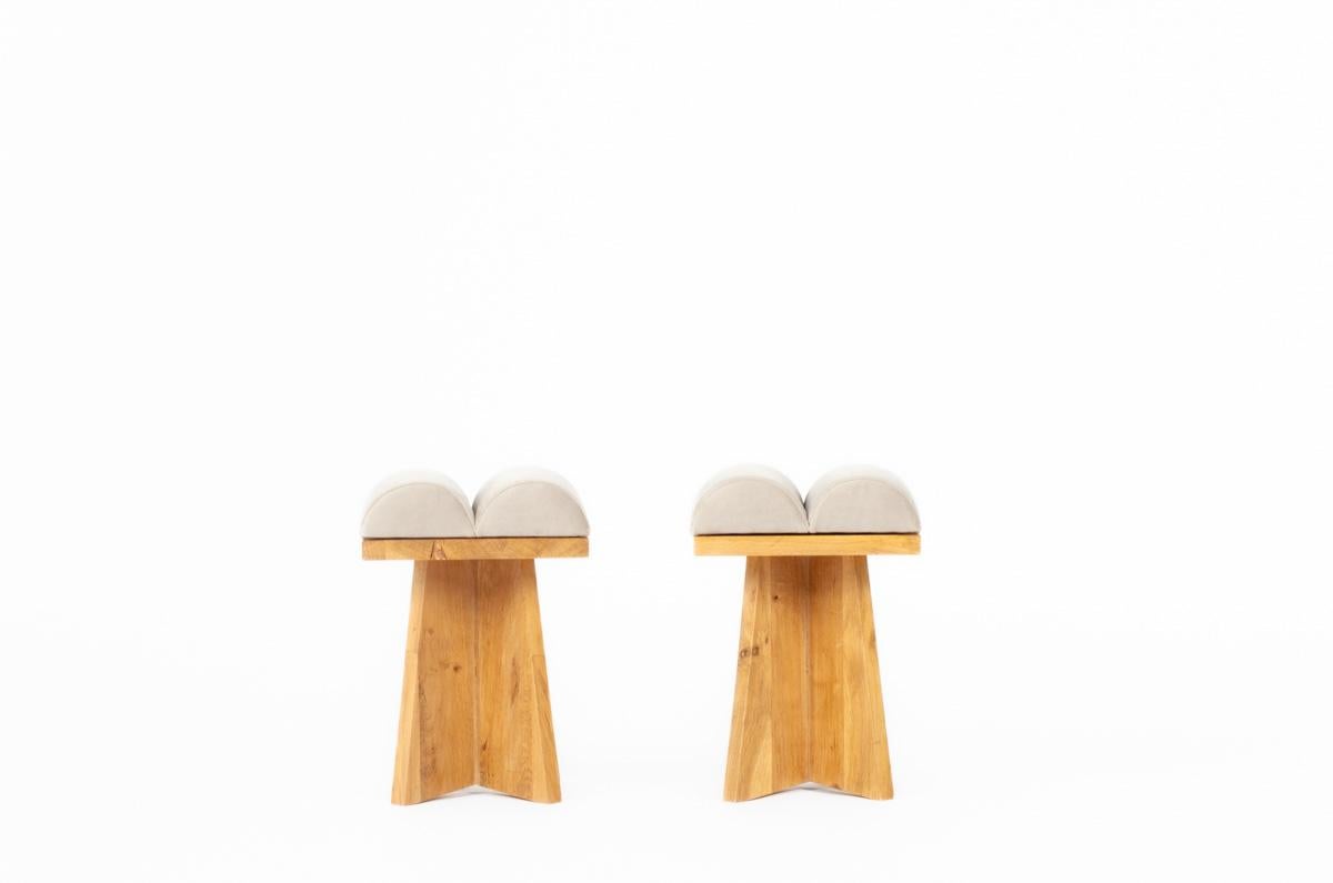 Set of 2 Khi stools in oak with cushions G44 collection In New Condition For Sale In JASSANS-RIOTTIER, FR