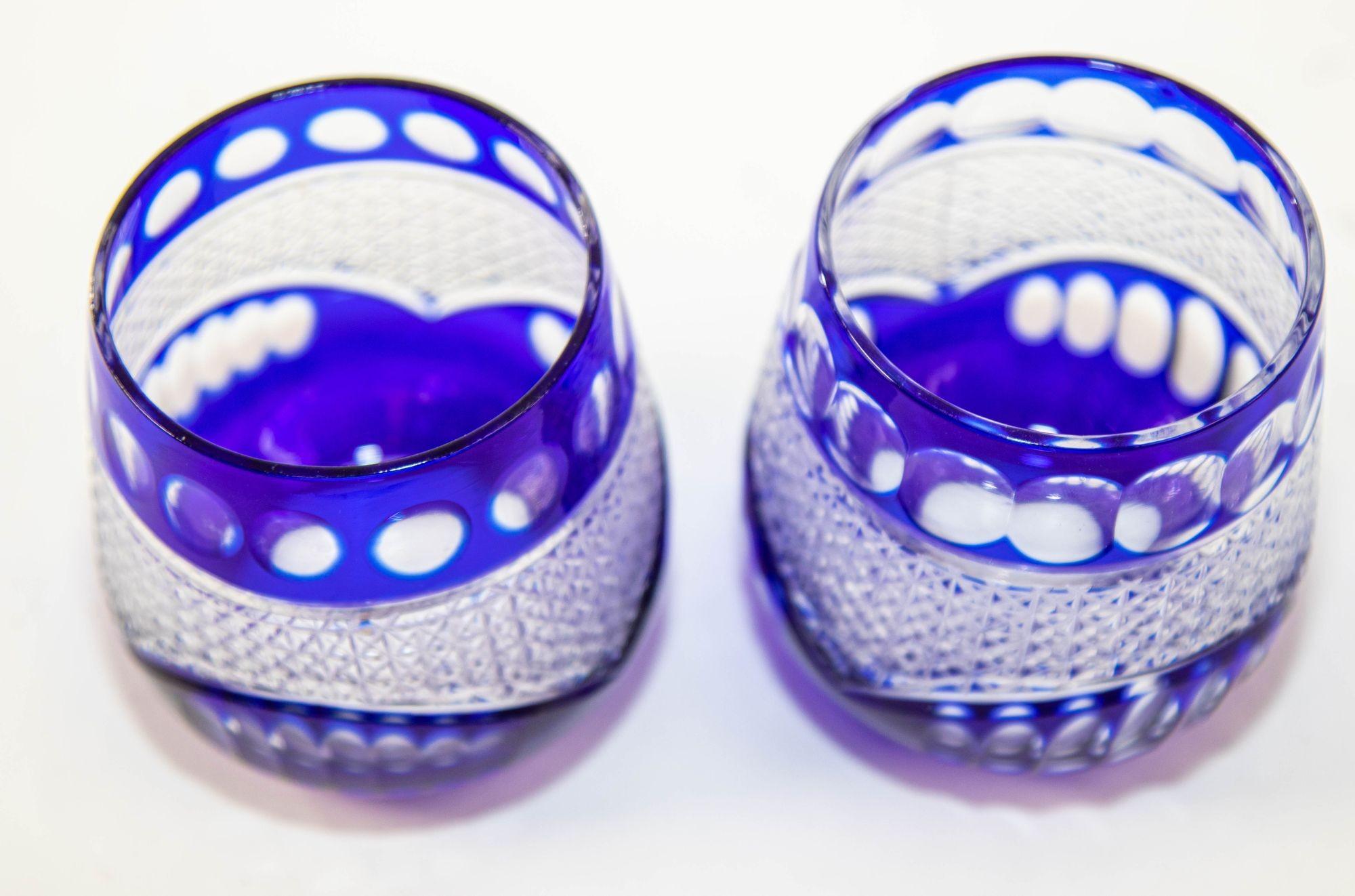 Set of 2 Kiriko Cobalt Blue Cut to Clear Cognac Sake Glasses Japan For Sale 1