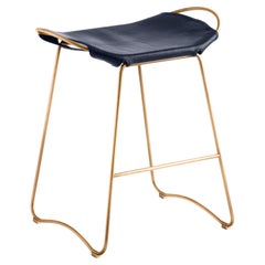 Pair Contemporary Kitchen Counter Barstool Aged Brass Metal & Navy Leather