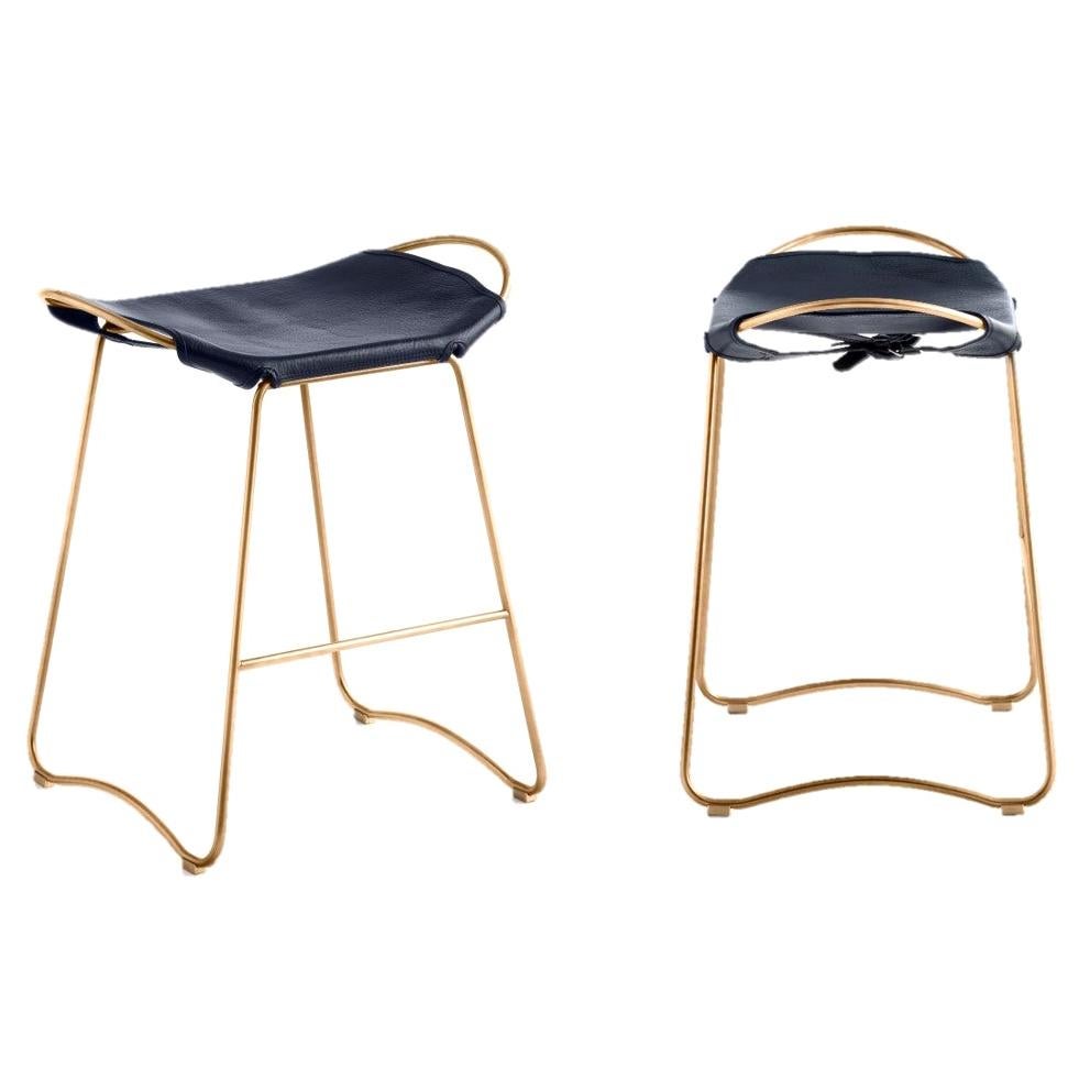 Pair Contemporary Kitchen Counter Barstool Aged Brass Metal & Navy Leather