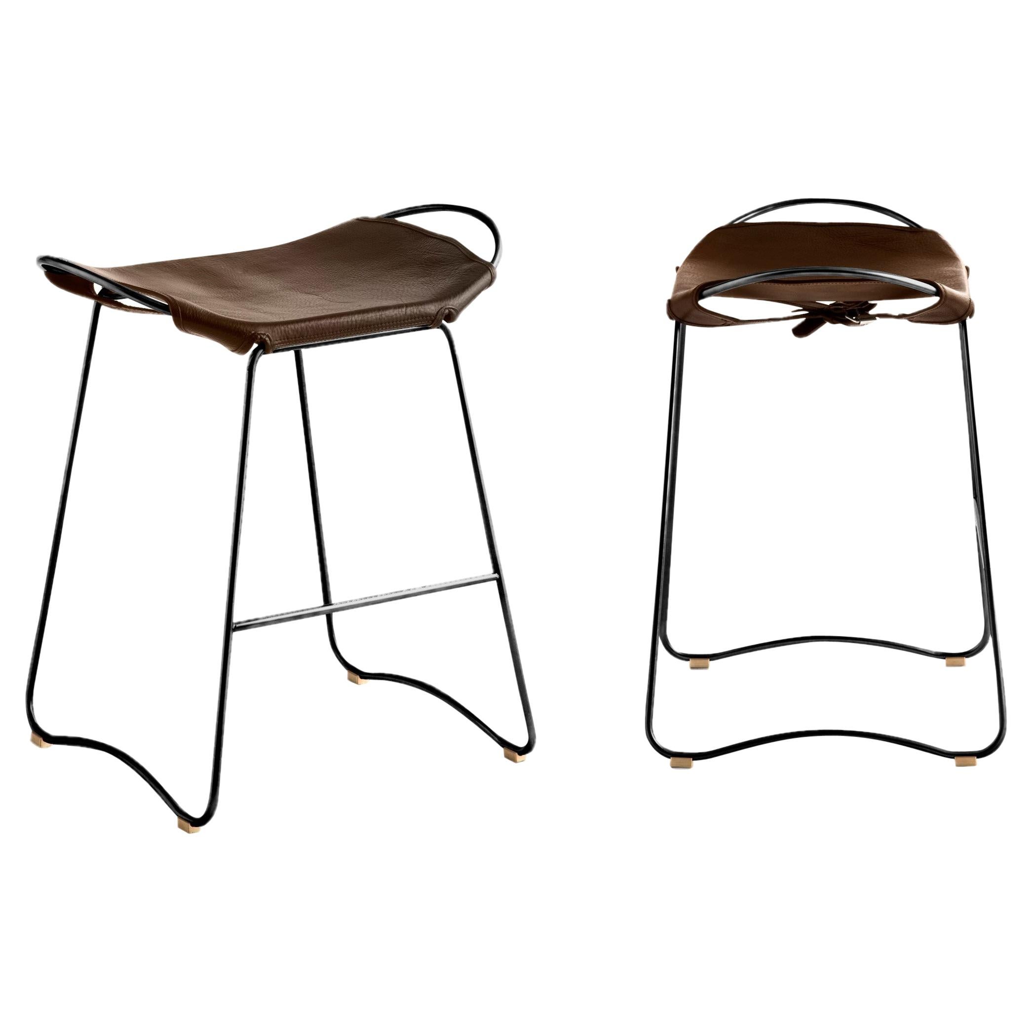 Pair Contemporary Kitchen Counter Bar Stool Black Steel, Dark Brown Leather