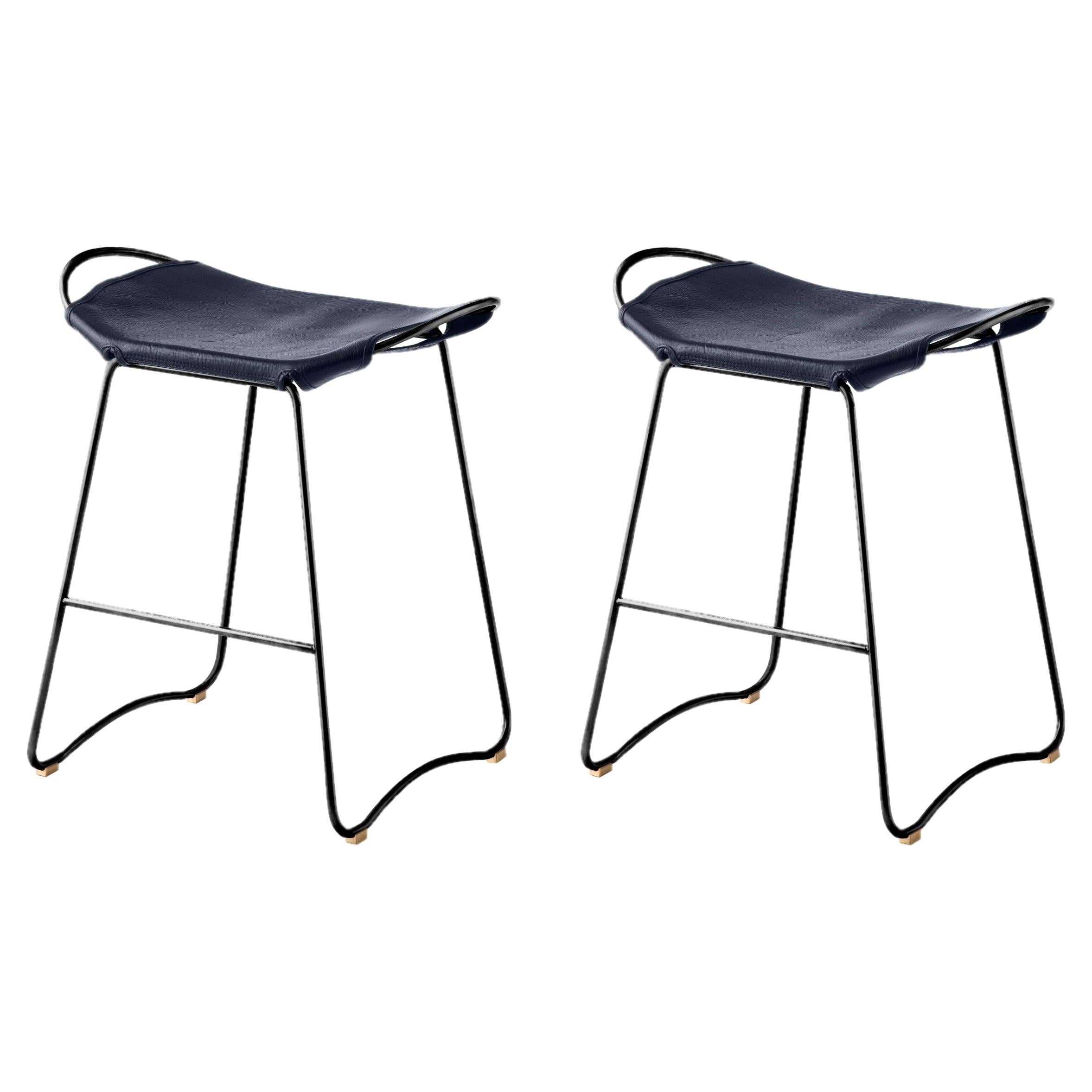 Pair Organic Contemporary Kitchen Counter Barstool Black Steel Navy Blue Leather For Sale