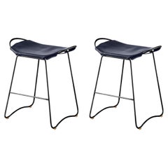 Pair Organic Contemporary Kitchen Counter Barstool Black Steel Navy Blue Leather