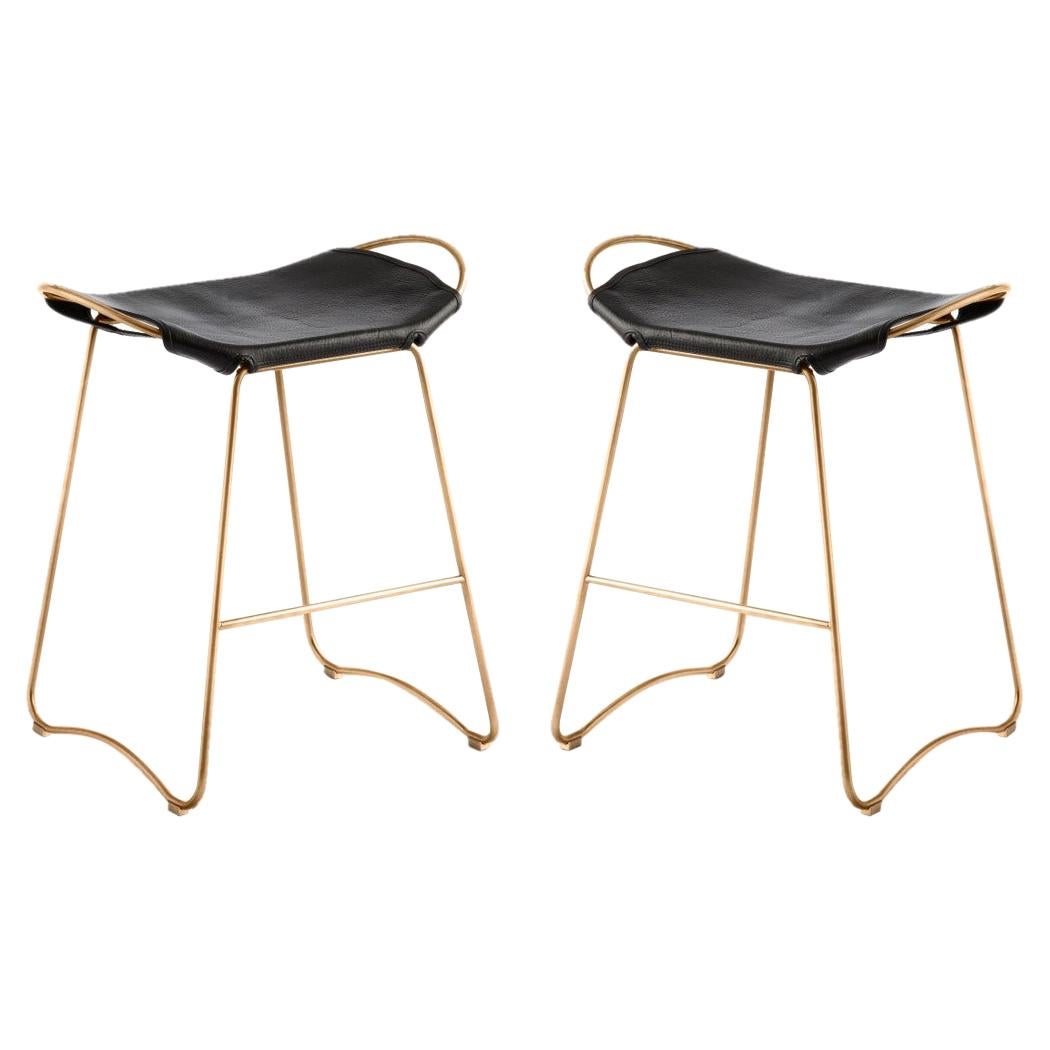 Pair Contemporary Kitchen Counter Bar Stool Brass Metal & Black Leather For Sale