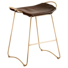 Pair Kitchen Counter Bar Stool Brass Metal Dark Brown Leather Contemporary Style