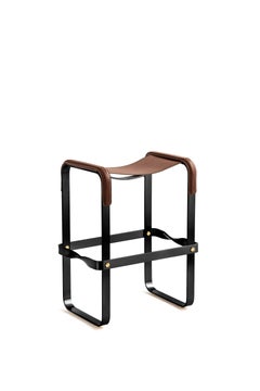 Pair Contemporary Kitchen Counter Bar Stool, Black Steel & Dark Brown Leather