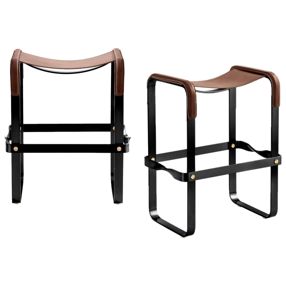 Pair Contemporary Kitchen Counter Bar Stool, Black Steel & Dark Brown Leather For Sale