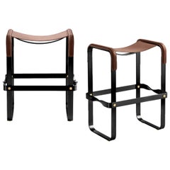 Pair Contemporary Kitchen Counter Bar Stool, Black Steel & Dark Brown Leather