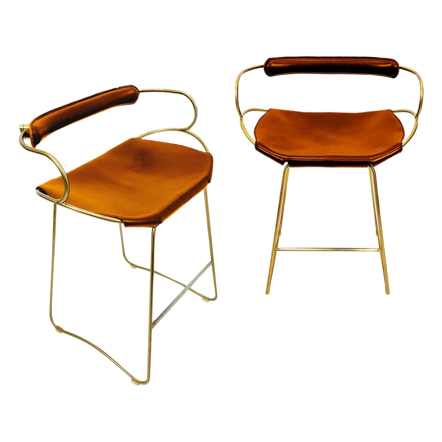 Pair Kitchen Counter Bar Stool w. Backrest Brass Steel & Natural Tobacco Leather