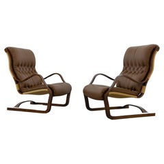 Vintage Set of 2 KOIVUTARU Easy Chairs by Esko Pajamies for ASKO in brown leather
