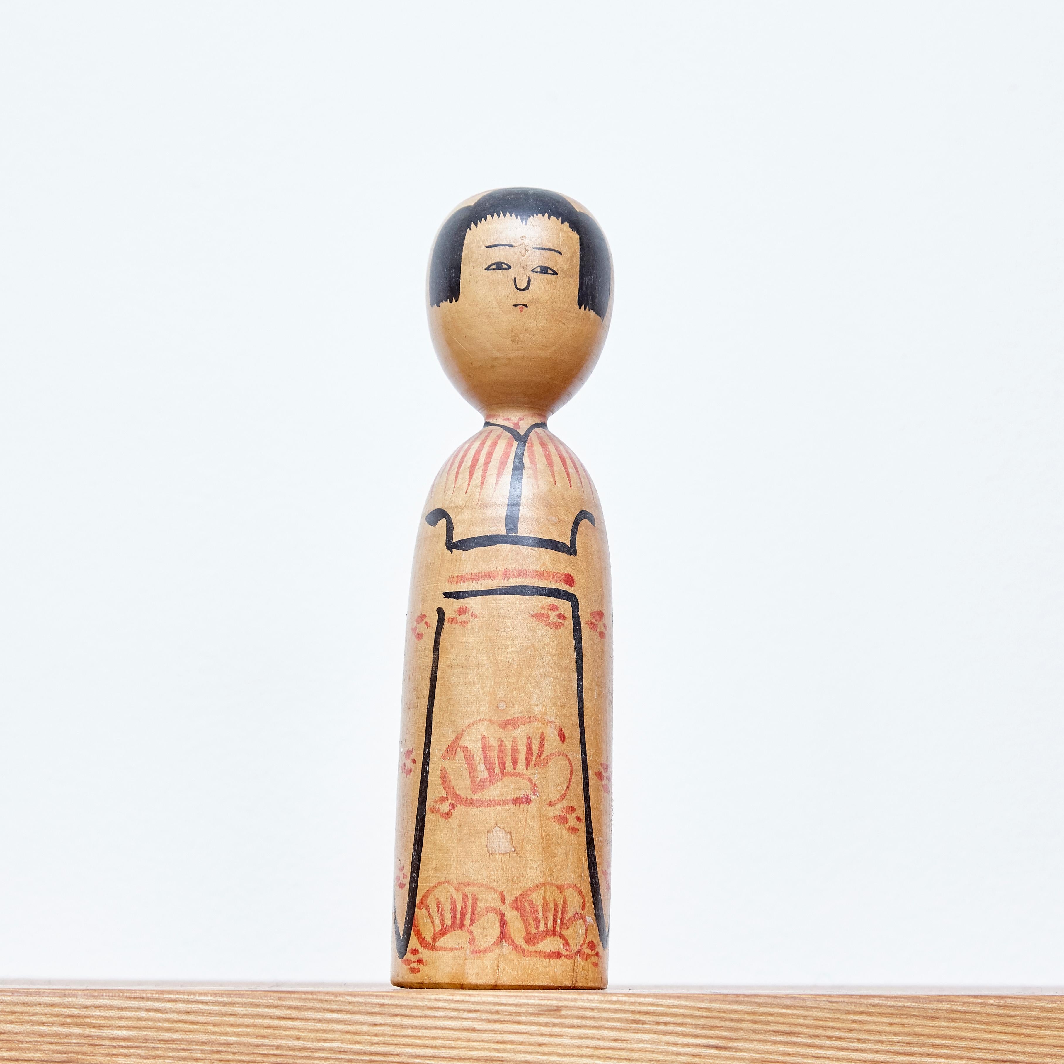 20th Century Set of 2 Kokeshi Japanese Wood Hand Painted Doll