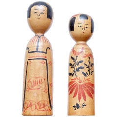 Retro Set of 2 Kokeshi Japanese Wood Hand Painted Doll