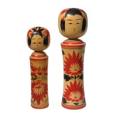 Set of 2 Kokeshi Naruko Japanese Wood Hand Painted Doll