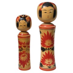 Set of 2 Kokeshi Naruko Japanese Wood Hand Painted Doll, Signed