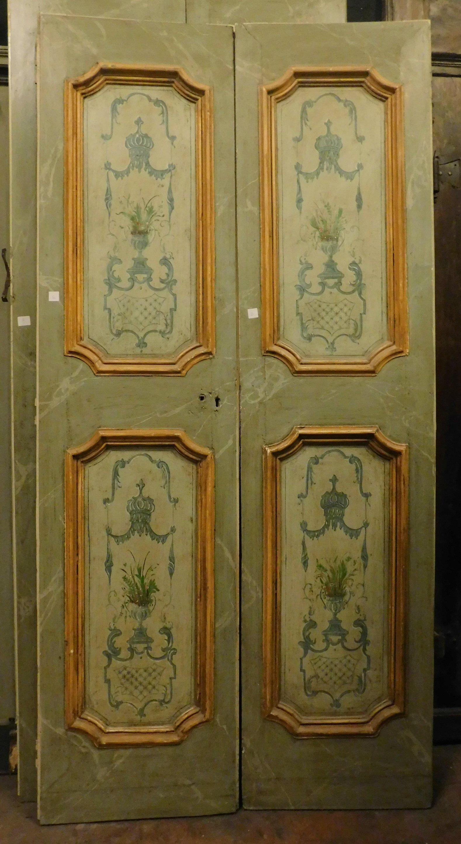 Italian Set of 2 lacquered and painted doors, green and yellow, 18th century Rome For Sale