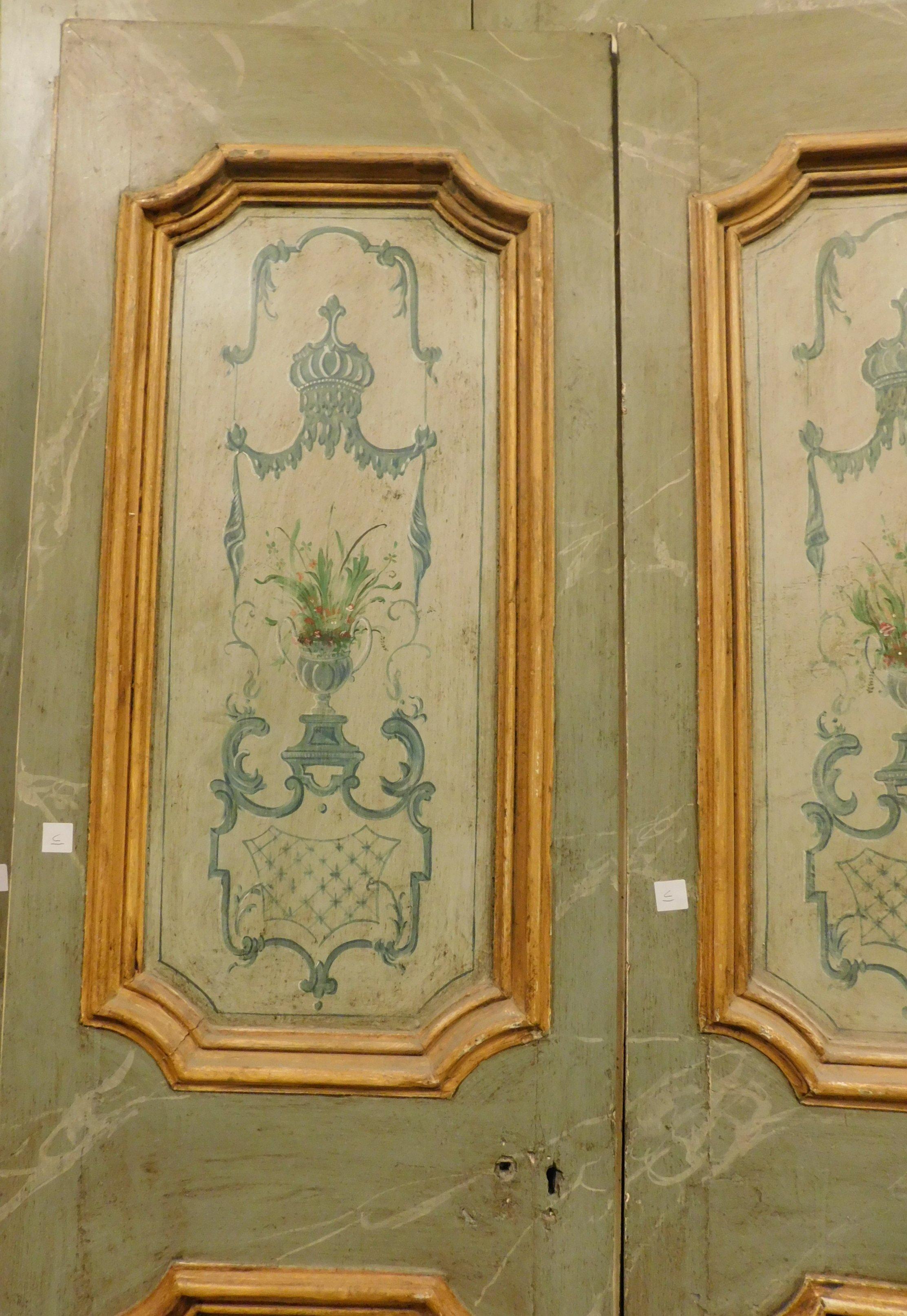 Wood Set of 2 lacquered and painted doors, green and yellow, 18th century Rome For Sale