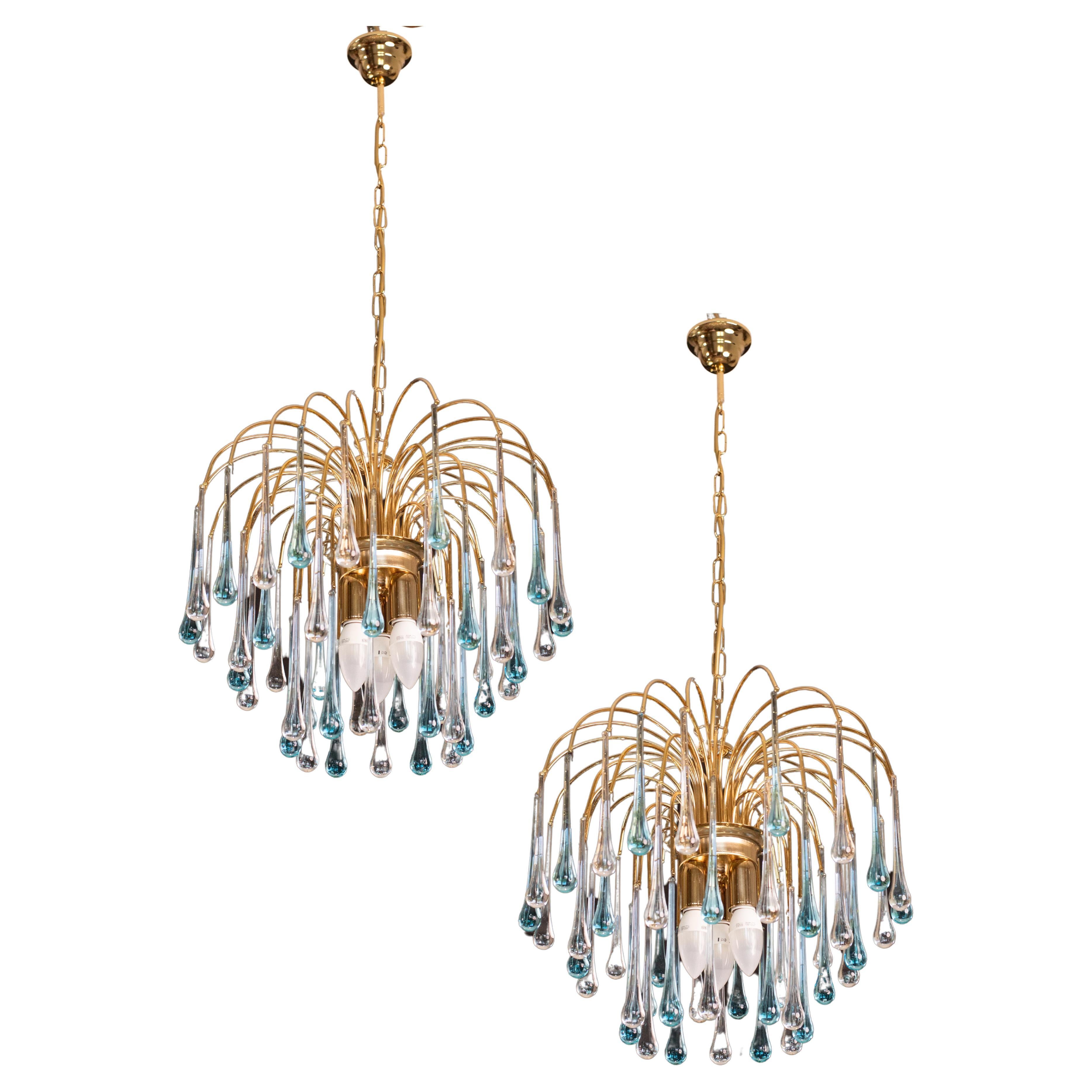 Set of 2 Lady Victoria Chandelier with Blu and Transparent Pendants Murano Glass