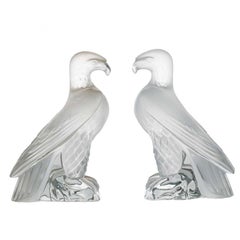 Set of 2 Lalique Signed Frosted Crystal Liberty Eagle Sculptures, France
