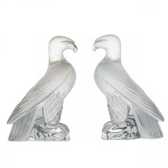 Set of 2 Lalique Signed Frosted Crystal Liberty Eagle Sculptures, France