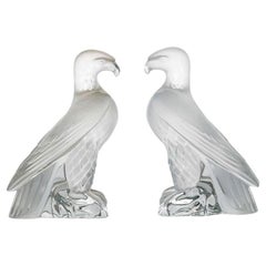 Set of 2 Lalique Signed Frosted Crystal Liberty Eagle Sculptures, France