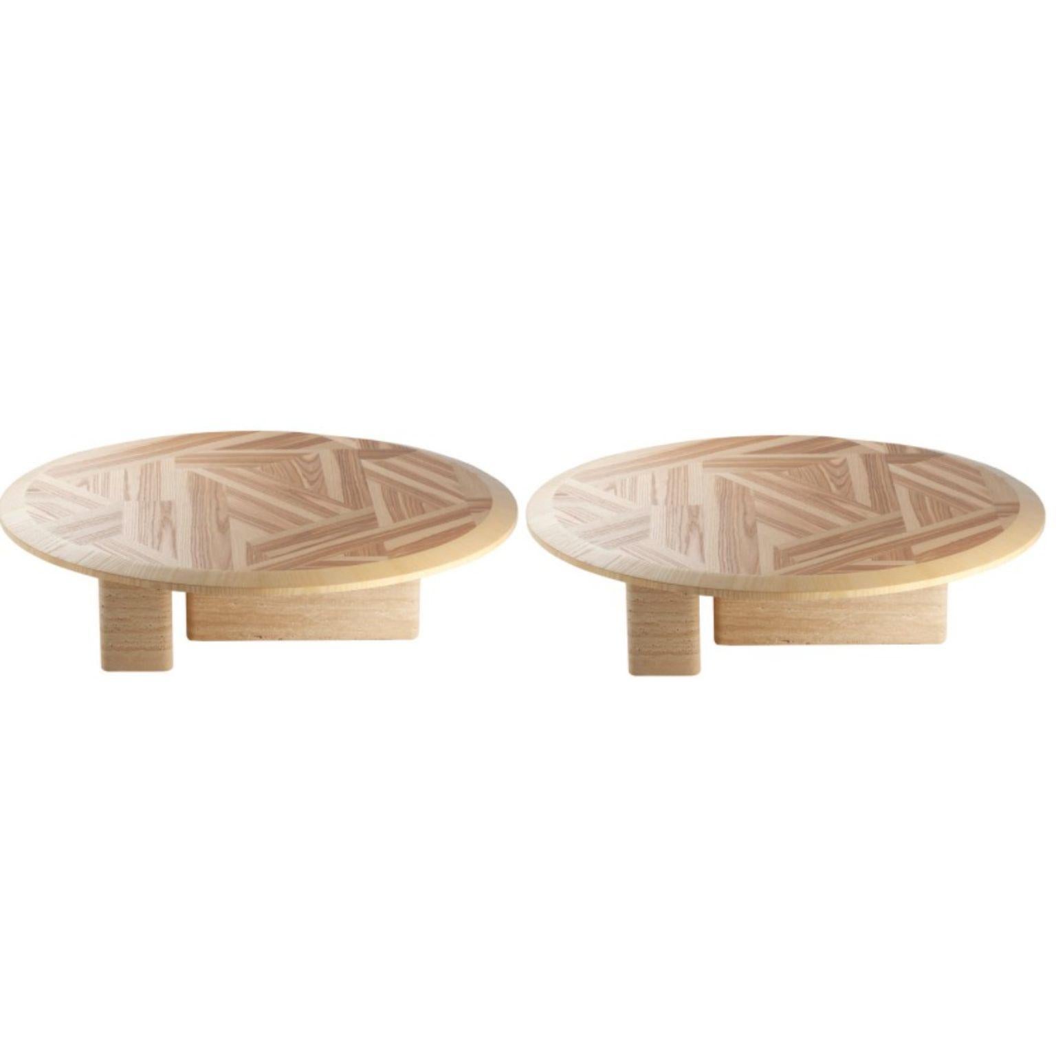 Set of 2 L’anamour center tables by Dooq
Dimensions: D 110 x W 110 x H 30 cm
Materials: 
Top: Natural or nude olive ash
Base: Natural travertine or nude lacquered wood

Other options available.

L’anamour is a set of coffee and side tables,
