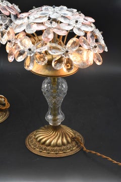 Set of 2 Larg Table Lamp Crystal Glass Flower pink and Crystal, Brass Base, 1960