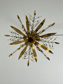 Set Of 2 Large 8-Light Mid-Century Maison Baguès Crystal and Iron Ceiling Lights (Ensemble de 2 grands plafonniers à 8 lumières)