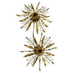 Set Of 2 Large 8-Light Mid-Century Maison Baguès Crystal And Iron Ceiling Lights