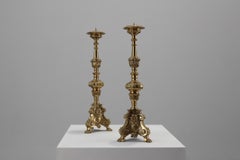 Set of 2 large antique decorated bronze church candle sticks, France ca. 1900