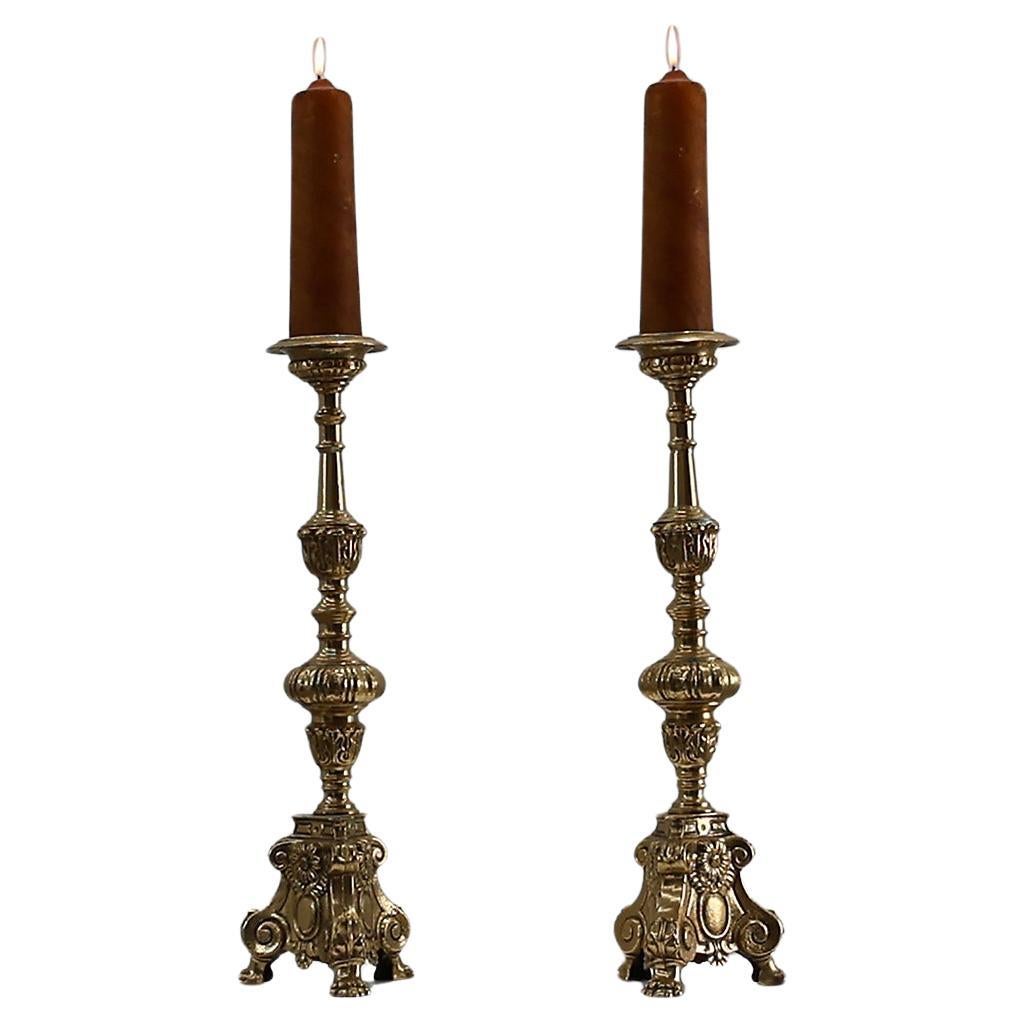 Set of 2 large antique decorated bronze church candle sticks, France ca. 1900