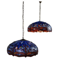 Vintage Set of 2 large blue Tiffany style hanging lamps with dragonflies
