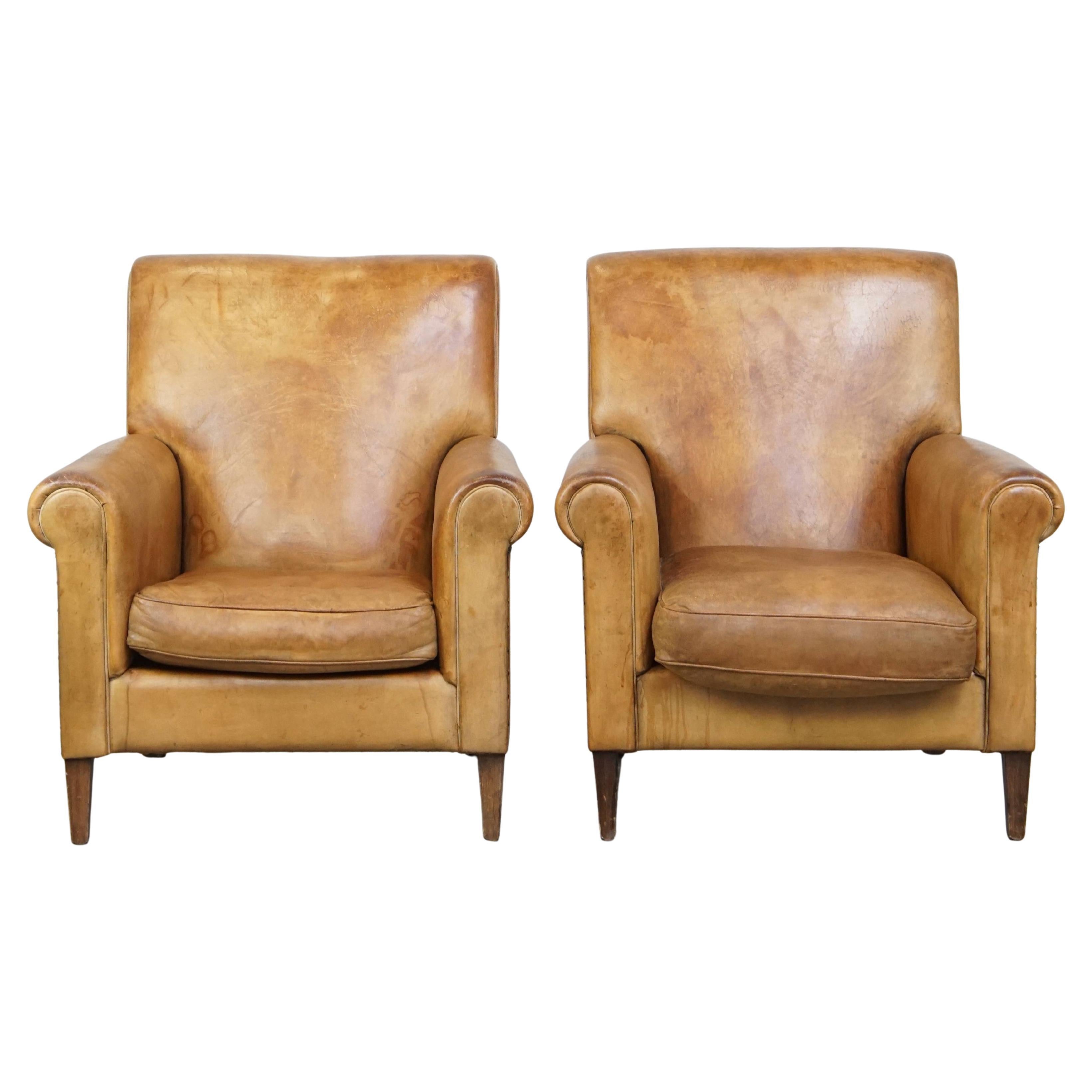Set of 2 Large, Comfortable Vintage Sheepskin Leather Armchairs