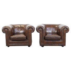 Set of 2 Large Dark Cowhide Leather Chesterfield Armchairs