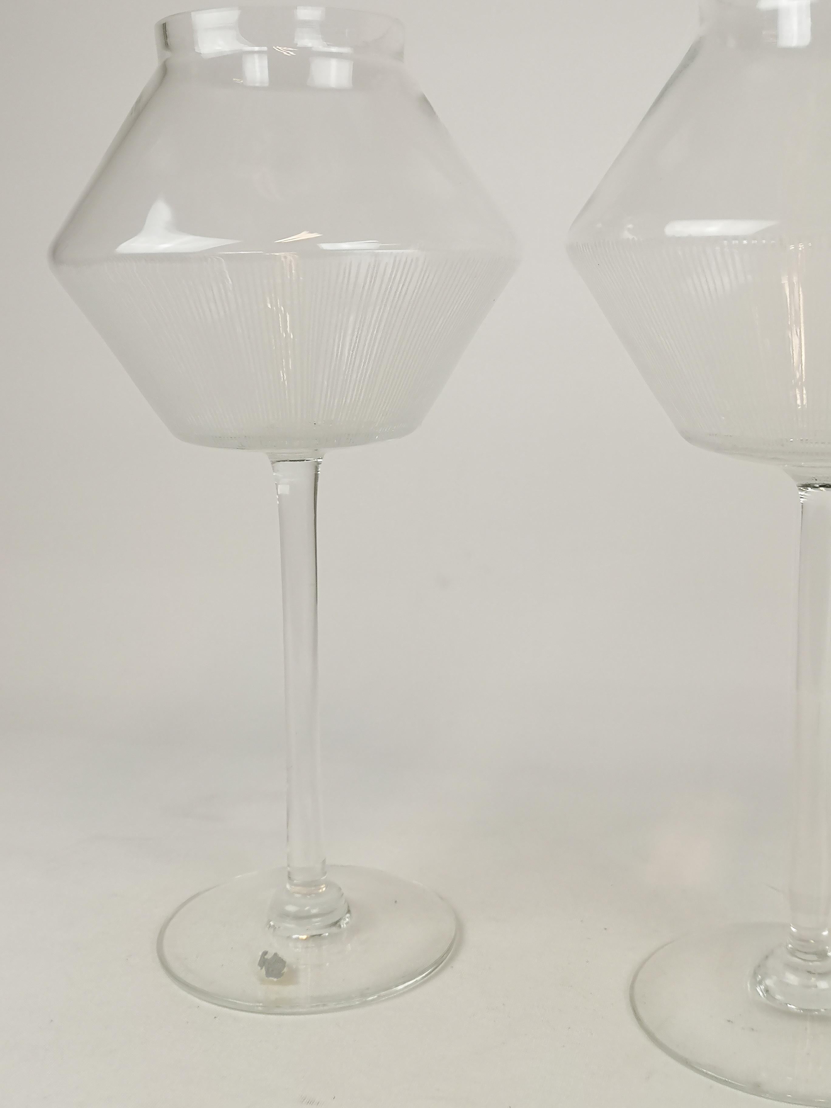 These 2 rare glass pieces were made in Johansfors Sweden and designed by Bengt Orup in the 1950s. The large candleholders are made with stripes on the glass, much like of the series Strikt. 

Very nice condition.

Measures: H 33 cm D 16 cm.
  