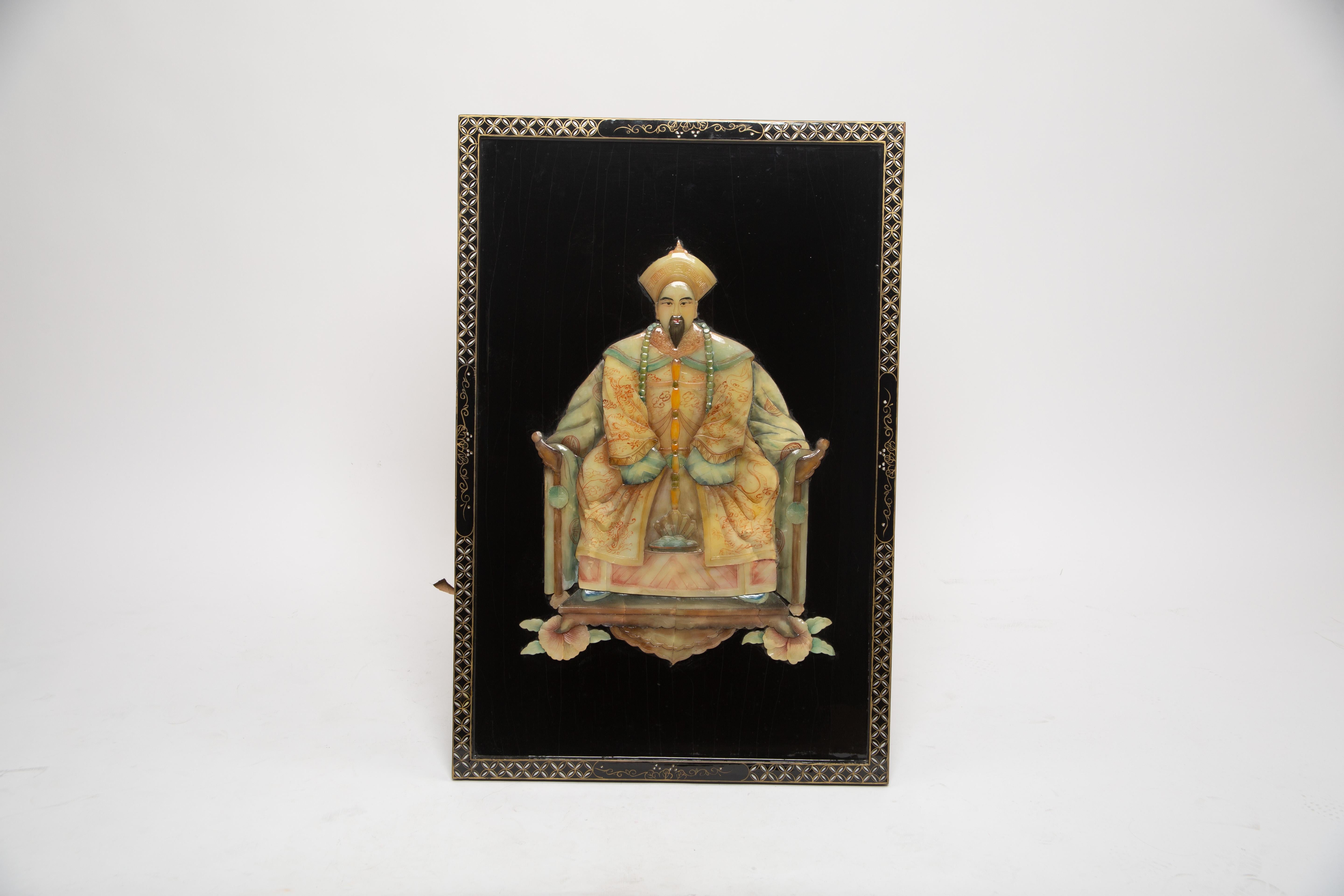 This striking set of two large wall panels pays tribute to Chinese art and history, depicting the Emperor and Empress of the Qing Dynasty in imperial robes and classic Ming-style chairs. Crafted in the second half of the 20th century, these