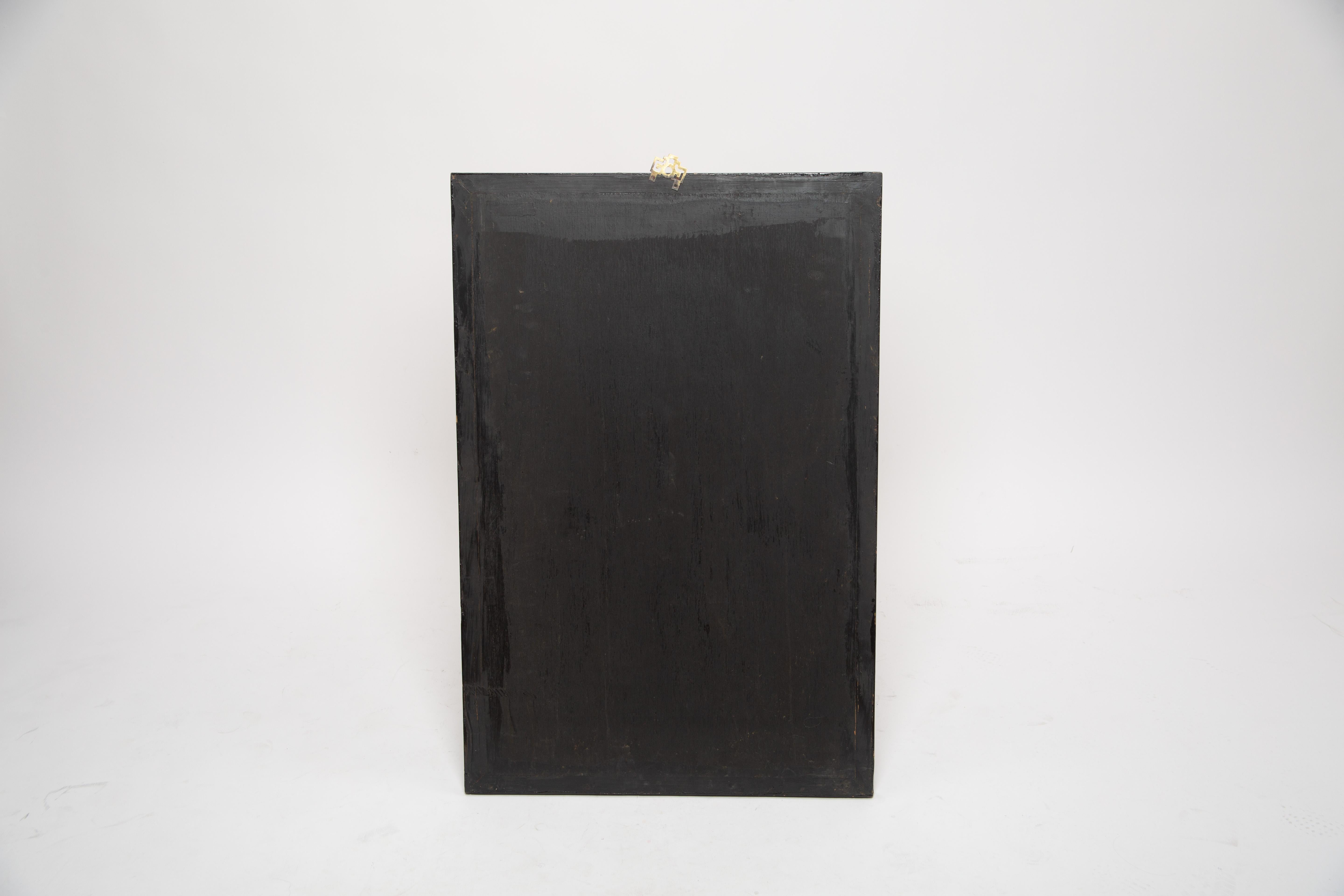 Chinese Set of 2 Large Hand-Painted Wooden Wall Panels with Jade and Semi-Precious Stone For Sale
