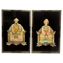 Set di 2 grandi pannelli da parete in legno dipinti a mano con giada e pietre semipreziose