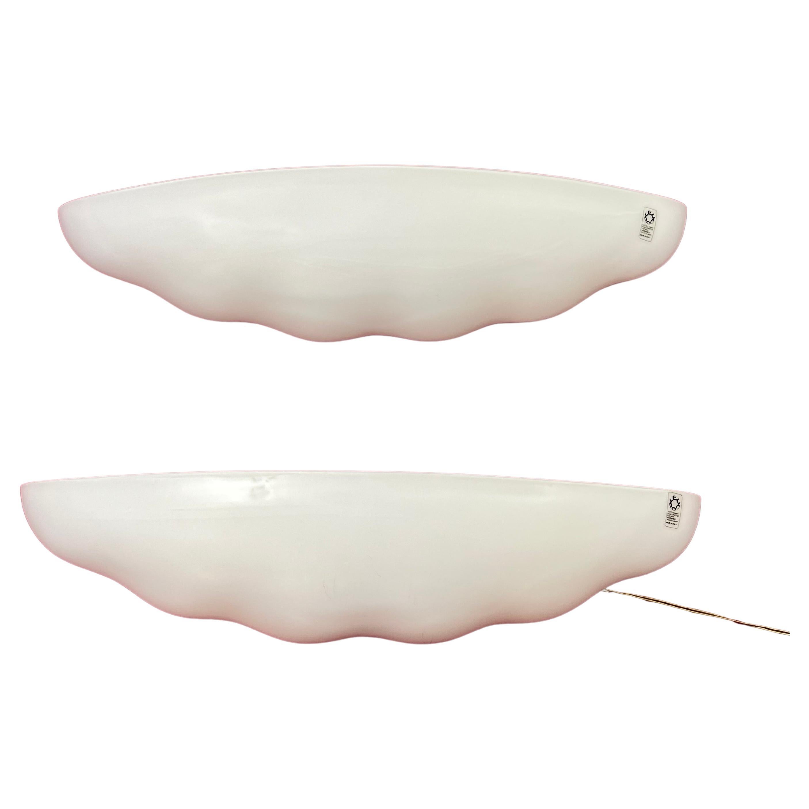 Set Of 2 Large Leucos Wall Lamps In Opaline Blown Murano Glass, 1980s