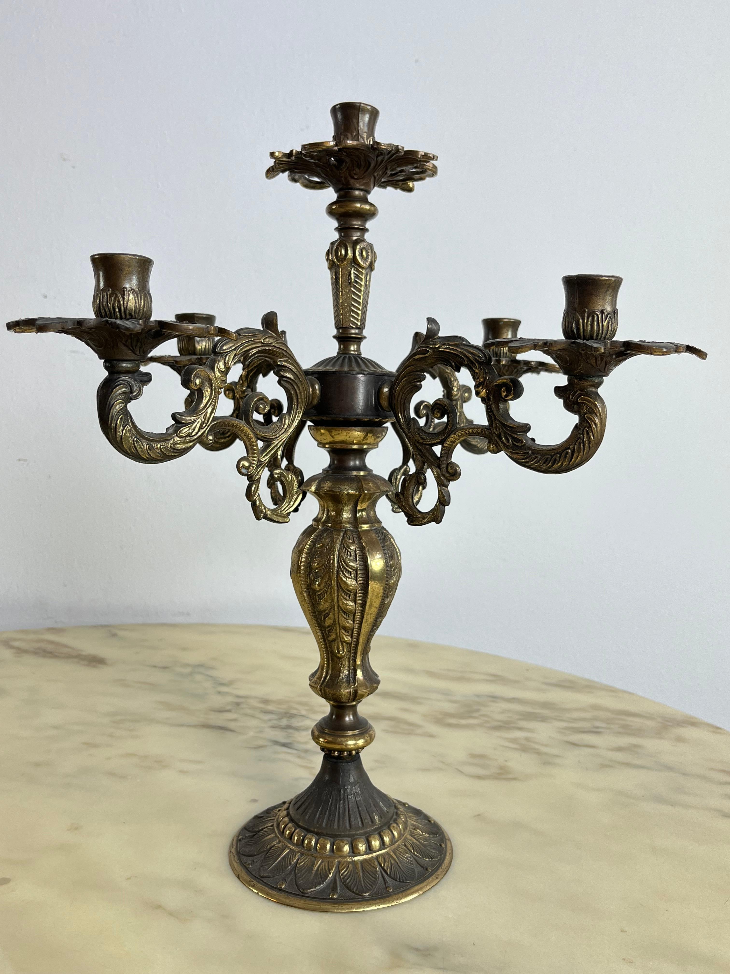 Italian Set of 2 Large Mid-Century Bronze 5 Flame Candlesticks 1960s For Sale