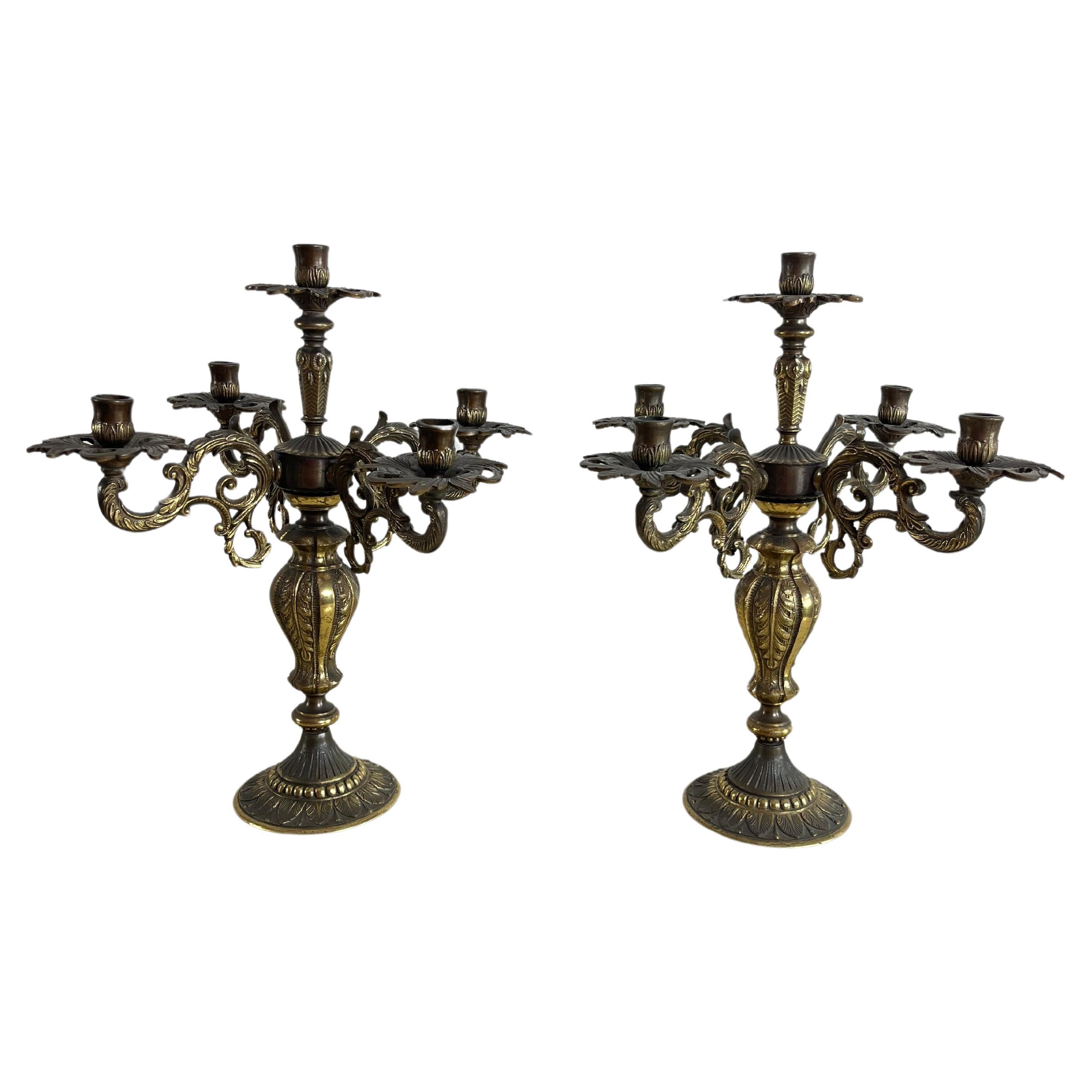 Set of 2 Large Mid-Century Bronze 5 Flame Candlesticks 1960s