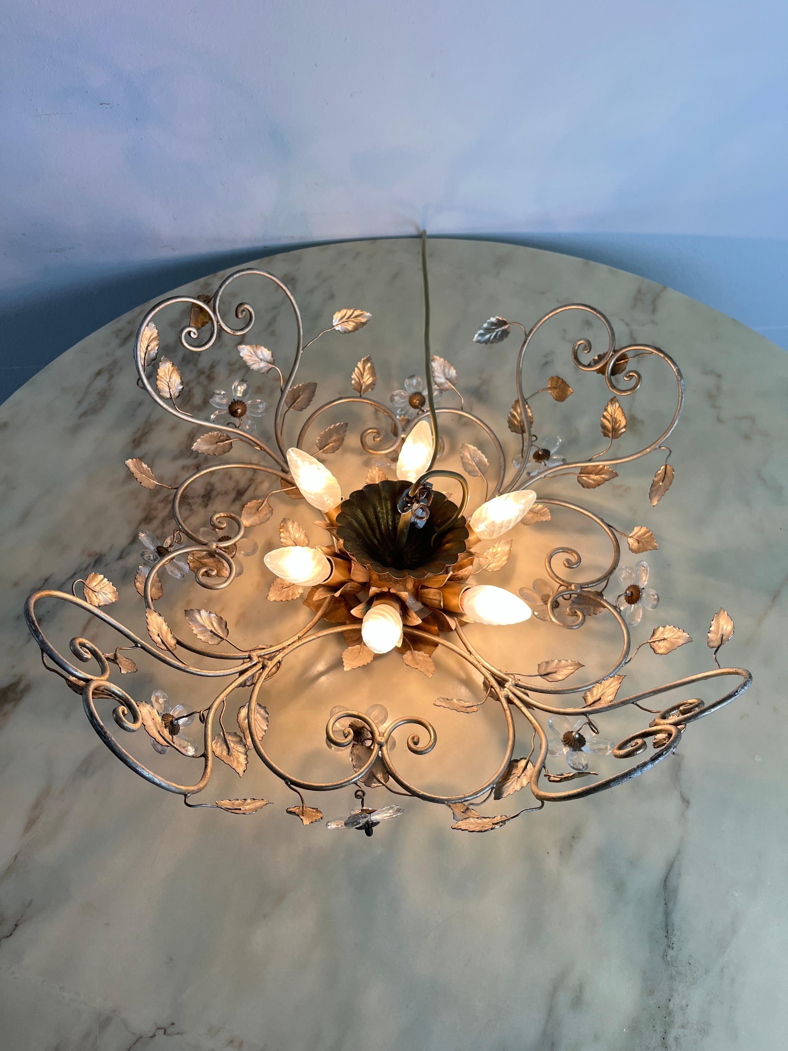 Set Of 2 Large Mid-Century Maison Baguès Crystal And Iron Ceiling Lights For Sale 6