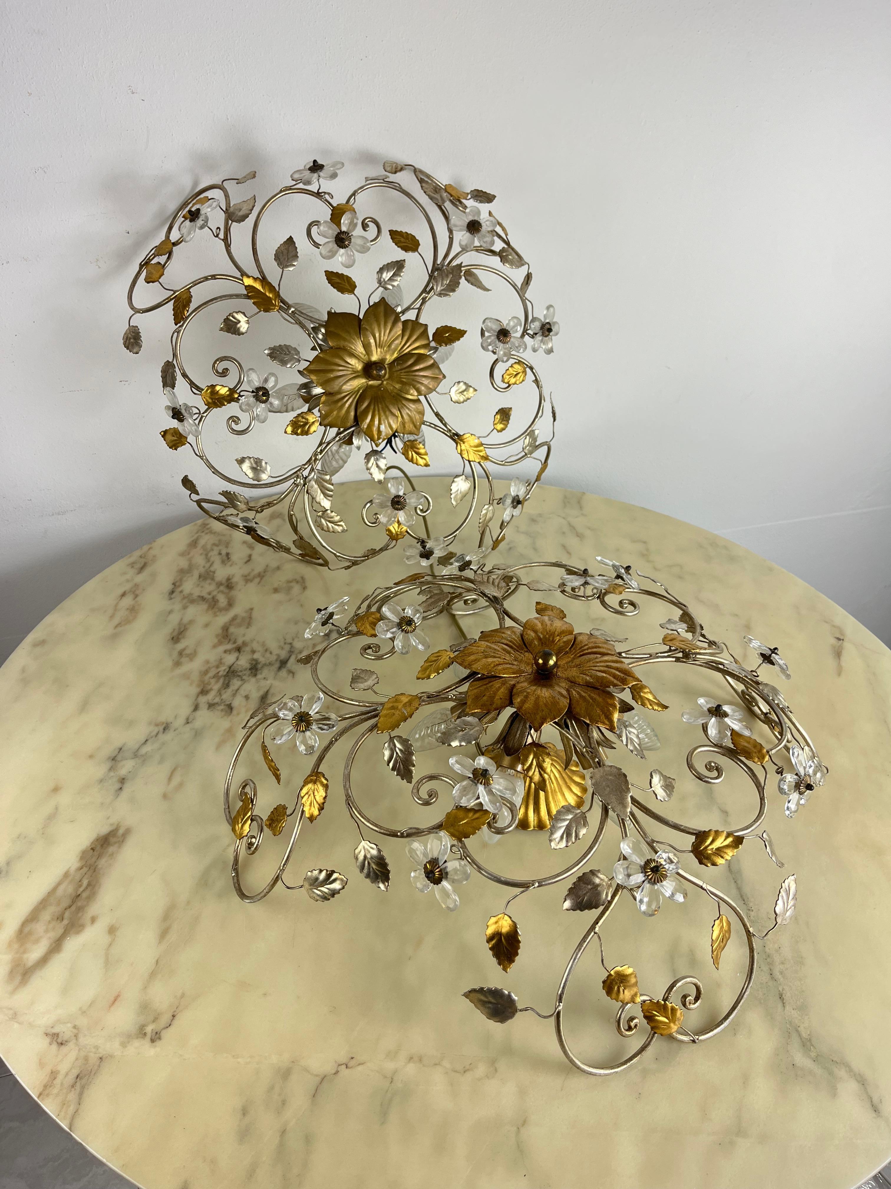 Set Of 2 Large Mid-Century Maison Baguès Crystal And Iron Ceiling Lights In Good Condition For Sale In Palermo, IT