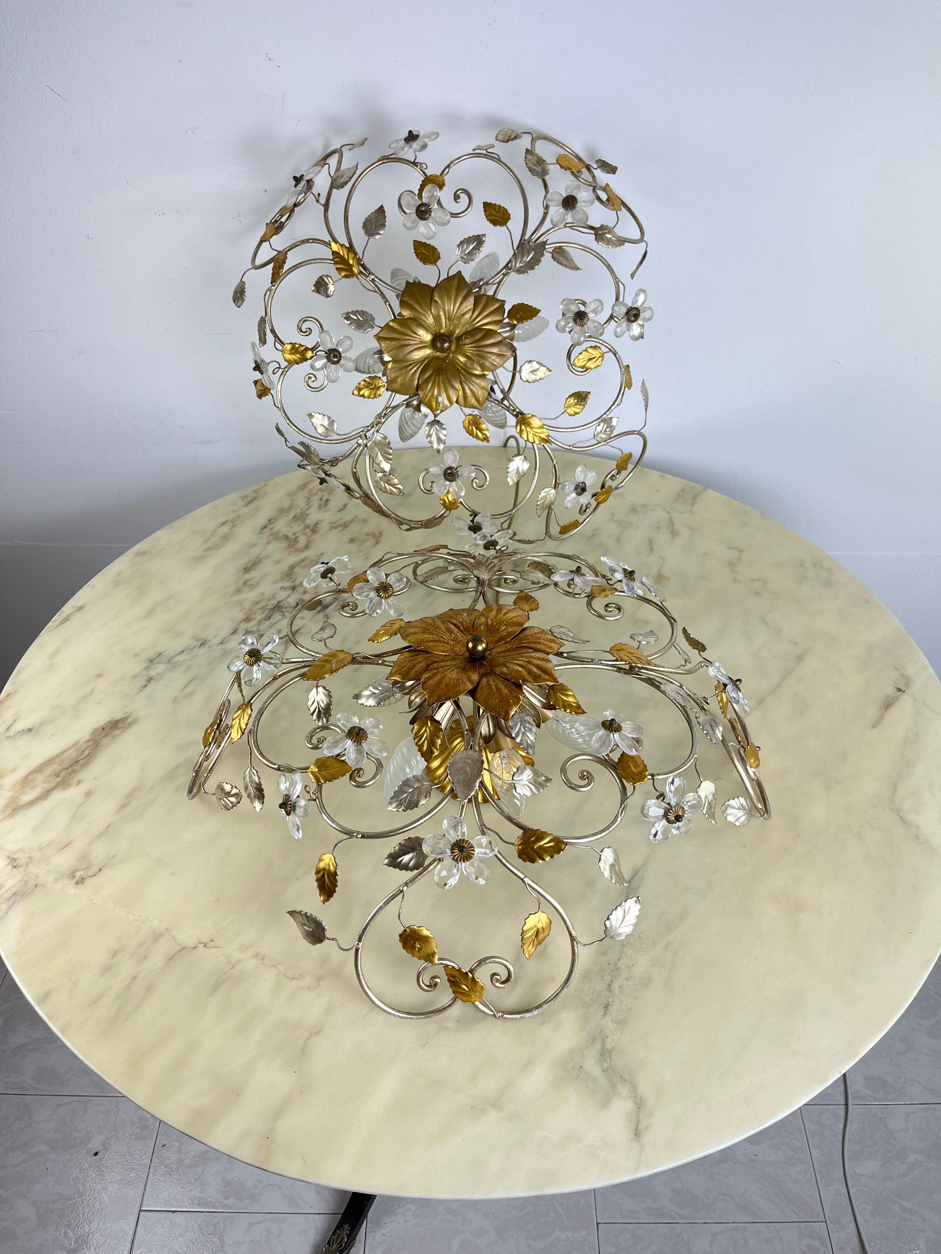 Late 20th Century Set Of 2 Large Mid-Century Maison Baguès Crystal And Iron Ceiling Lights For Sale